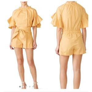 Genny womens orange bell sleeved belted ruffled poplin cotton romper size 16